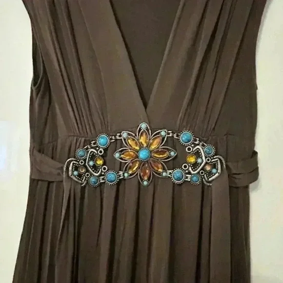 V-Neck, Beaded Belt Brown  Dress - Picture 2 of 4